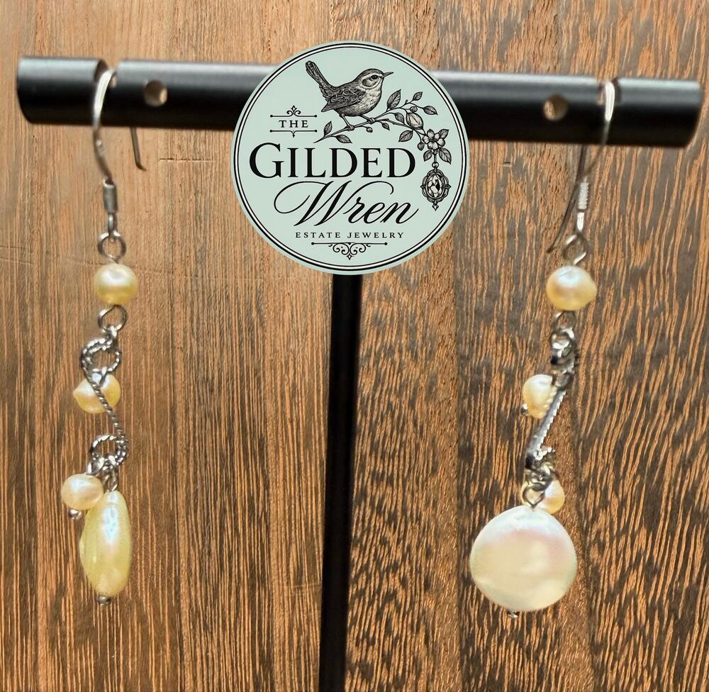 Artisan Sterling Silver Pearl Dangle Earrings 2.3” Long Sculptural Drop